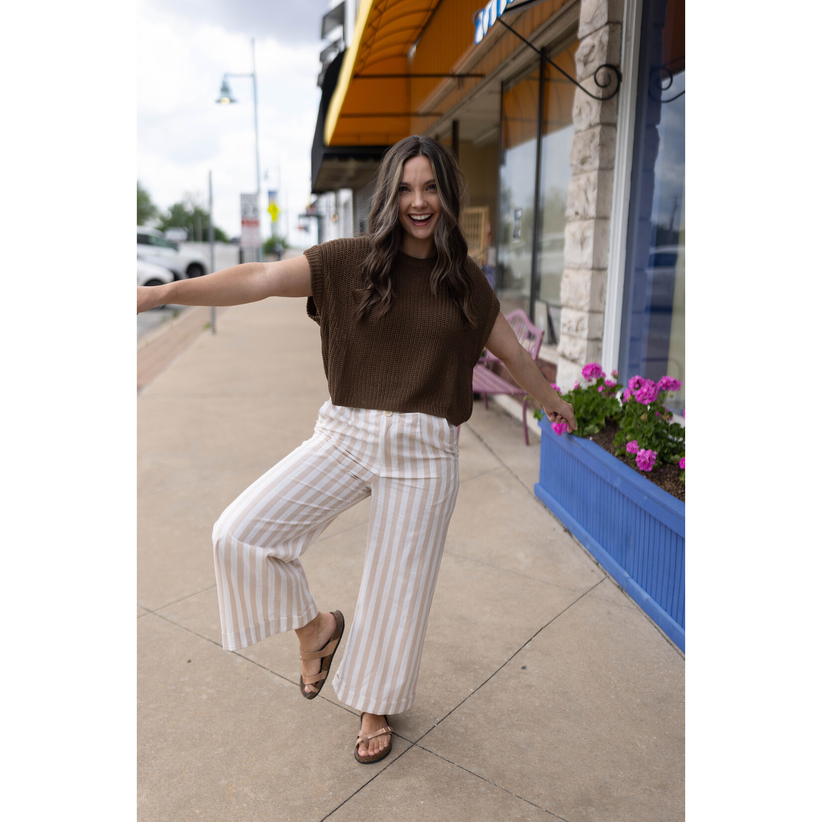 BEIGE LINEN STRIPE PATTERN TROUSERS