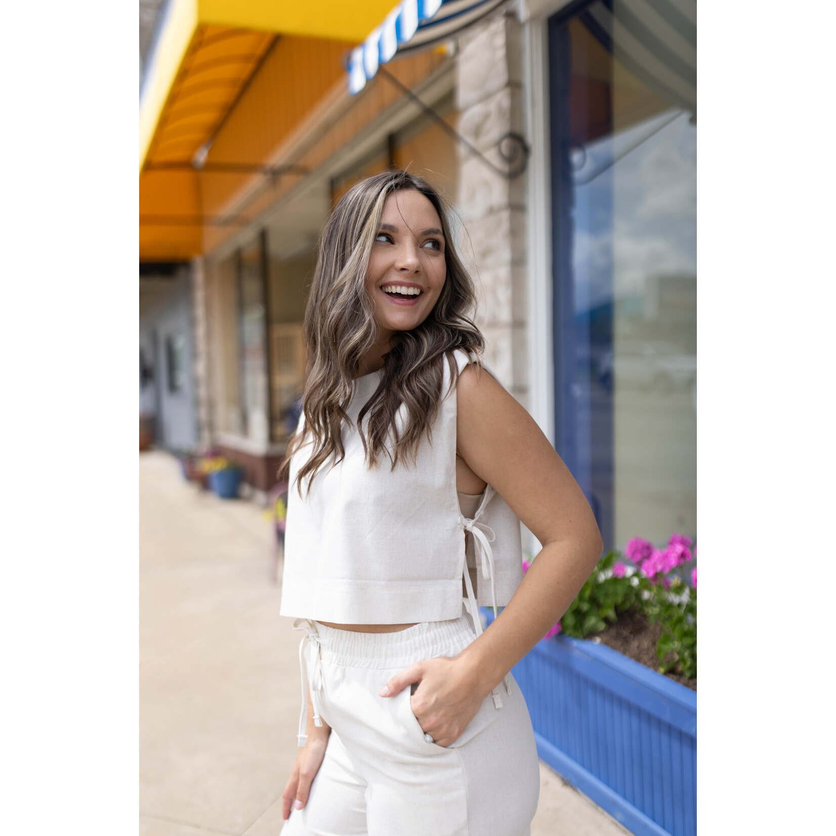 Khaki Linen Sleeveless Crop Top and Pants Set