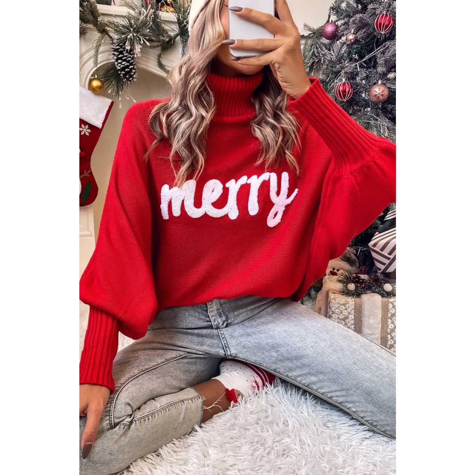 Merry Letter Embroidered High Neck Sweater