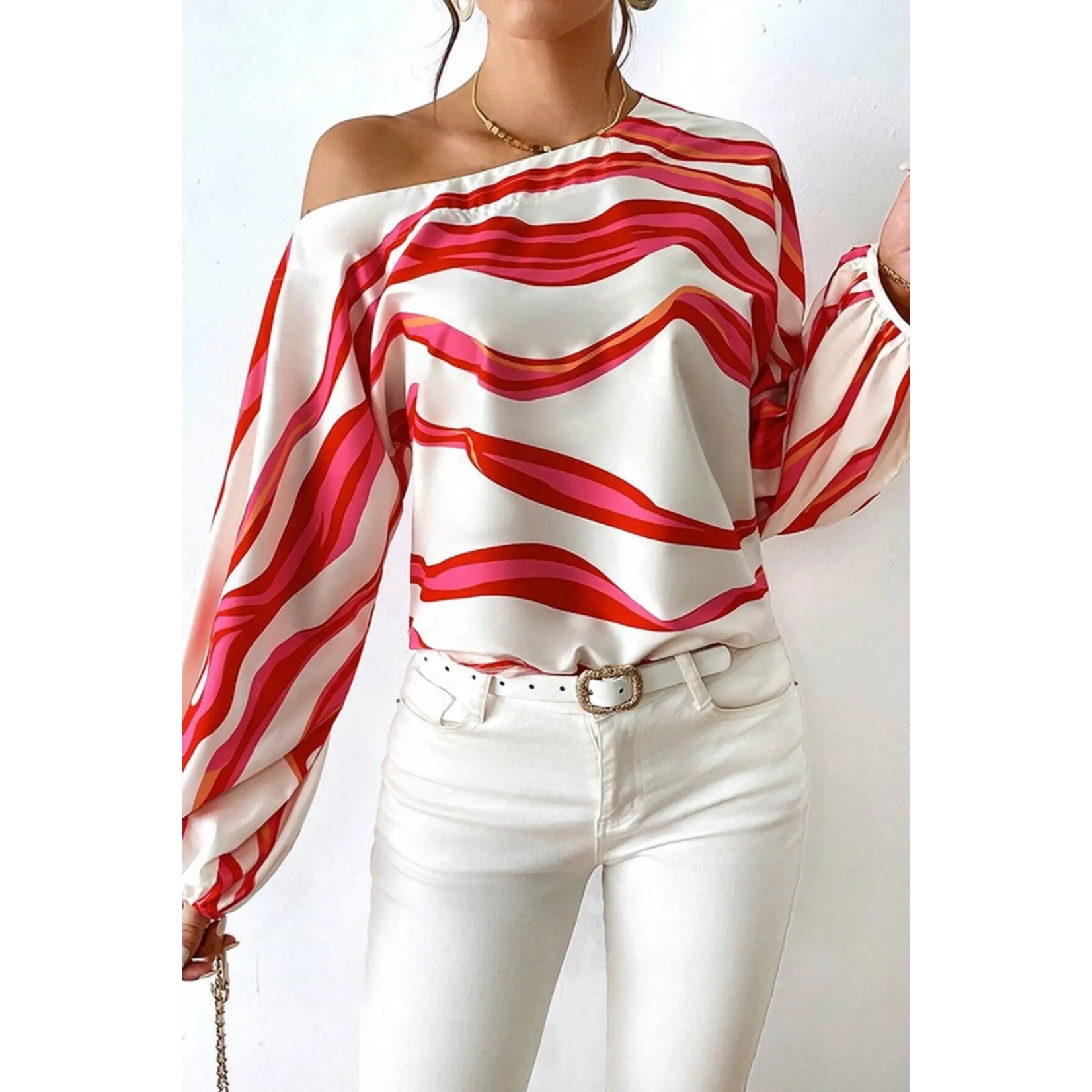 Scallop Stripe Print One Shoulder Blouse
