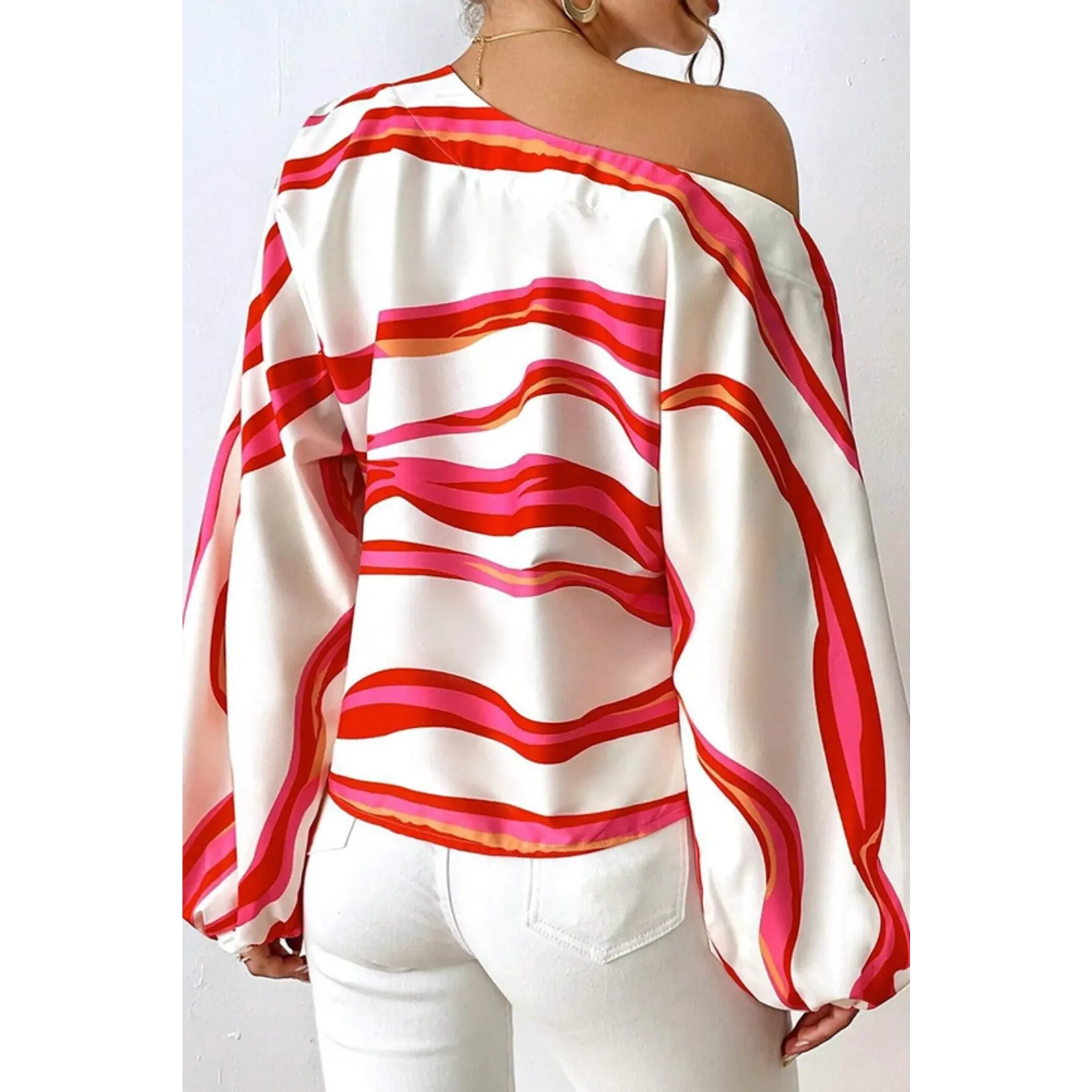 Scallop Stripe Print One Shoulder Blouse