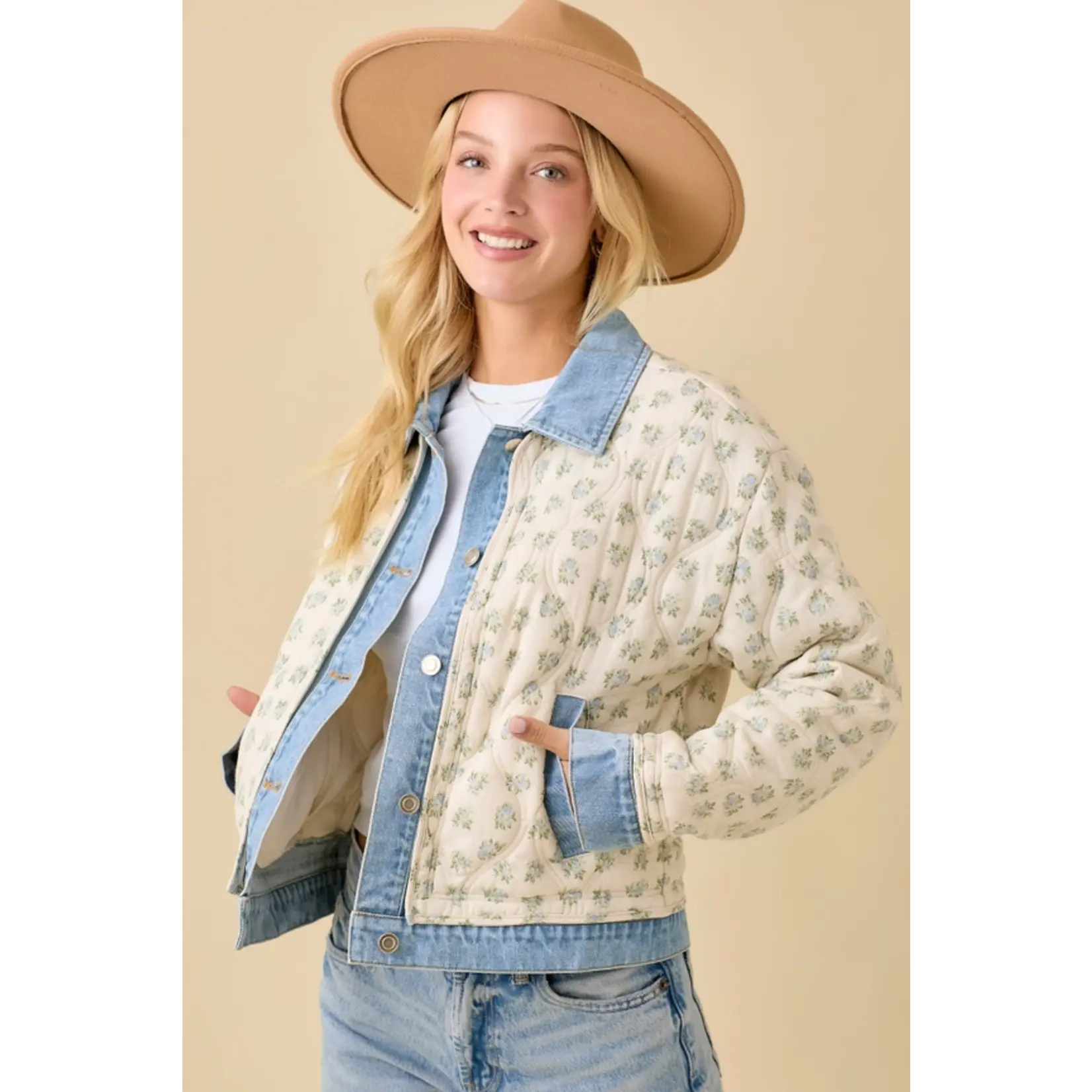 Floral Print Quilted Denim Jacket