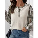 APRICOT PLAID PATCHWORK LONG-SLEEVED CREW NECK T-SHIRT
