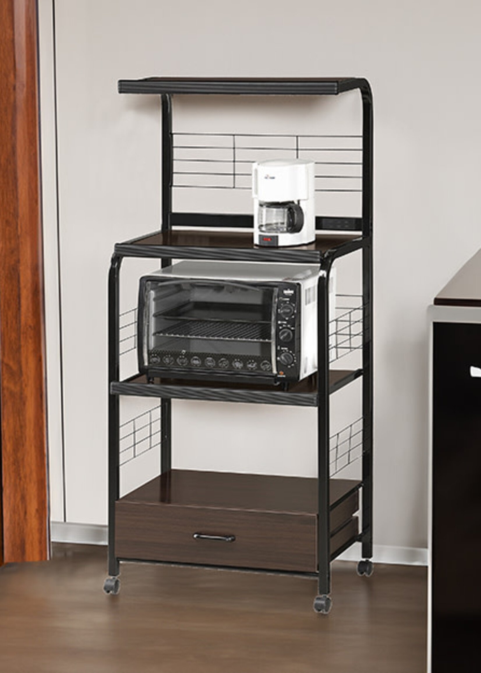 Crown Mark KITCHEN CART WITH SHELVES on Rollers  Black