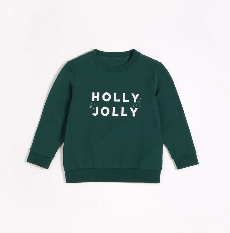 Petit Lem Petit Lem, Crewneck  "Holly Jolly" For Kids - Forest Green