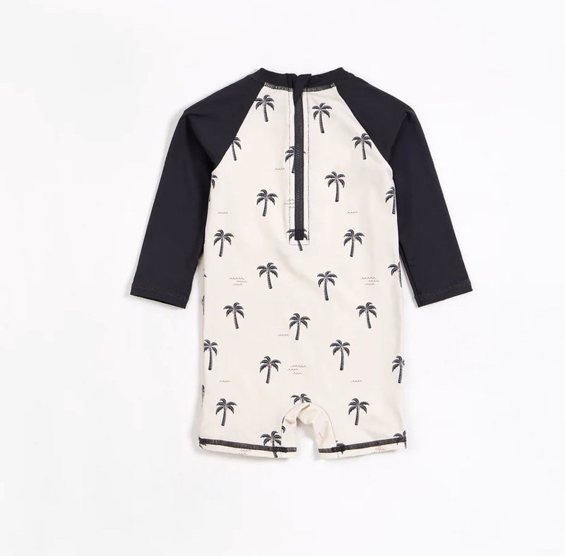 Petit Lem Palm Trees on Crème Long Sleeve Swim Romper