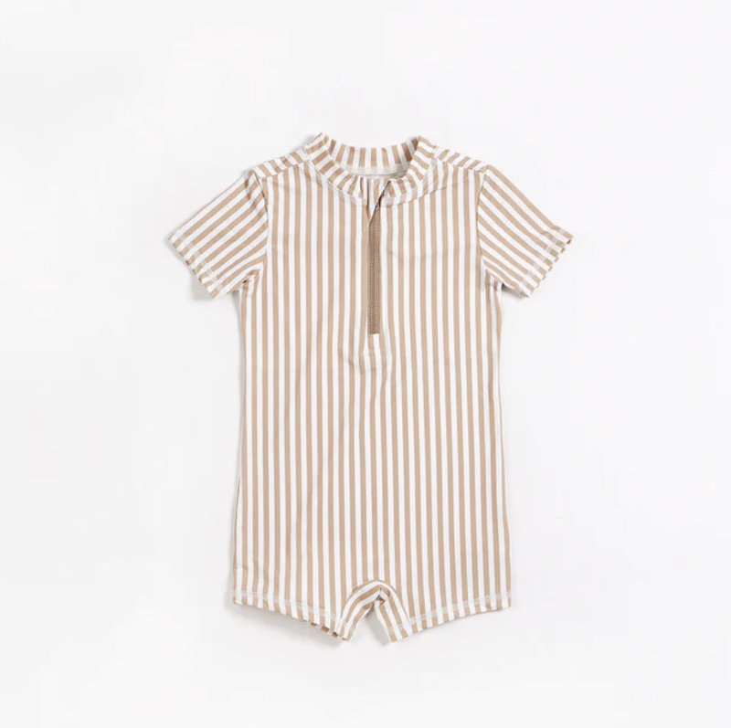 Petit Lem Taupe Striped Short Sleeve Swim Romper