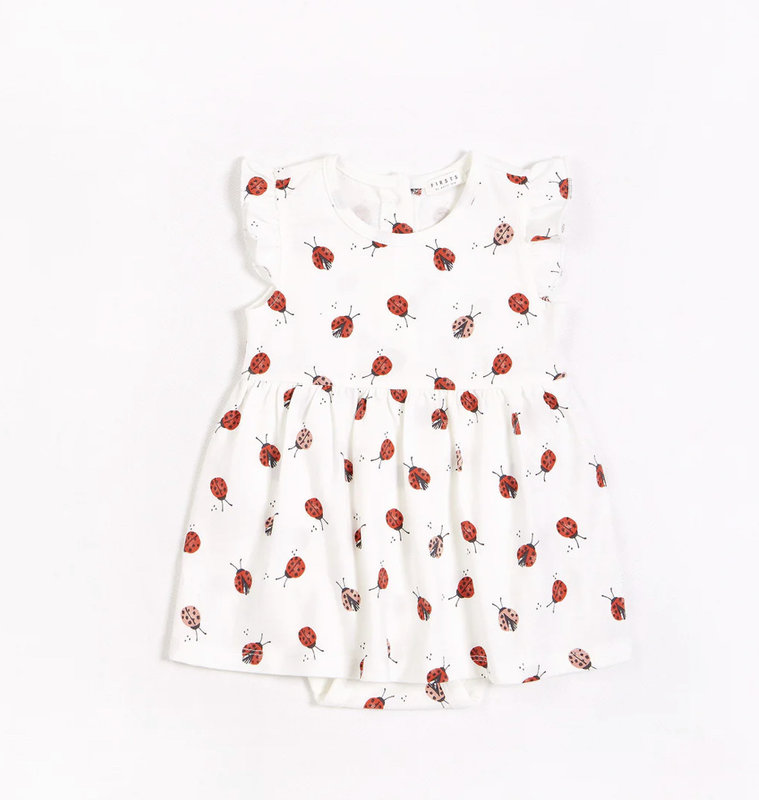 Petit Lem Lady Bugs Print on Off-White Jersey Bodysuit Dress