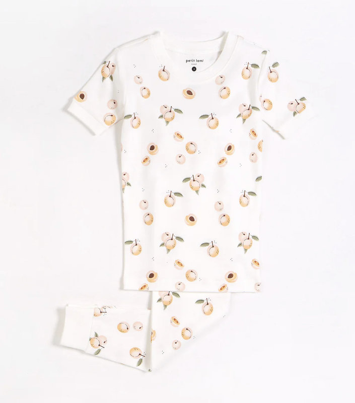 Petit Lem Peaches Print on Off-White Short Sleeved PJ Set