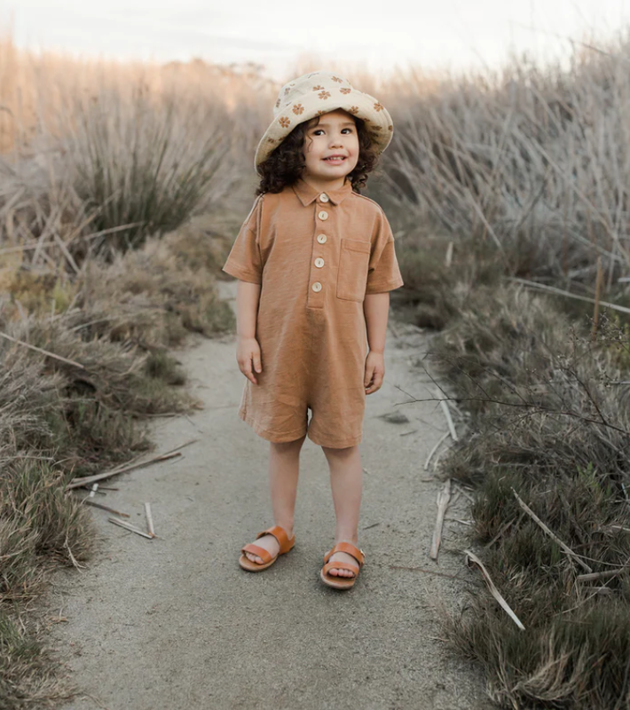 Rylee + Cru Romper with buttons on collar - Camel