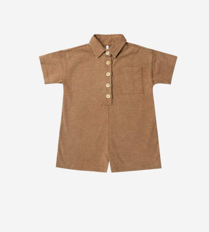 Rylee + Cru Romper with buttons on collar - Camel