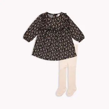 Petit Lem Floral Print on Black Flannel Dress Set