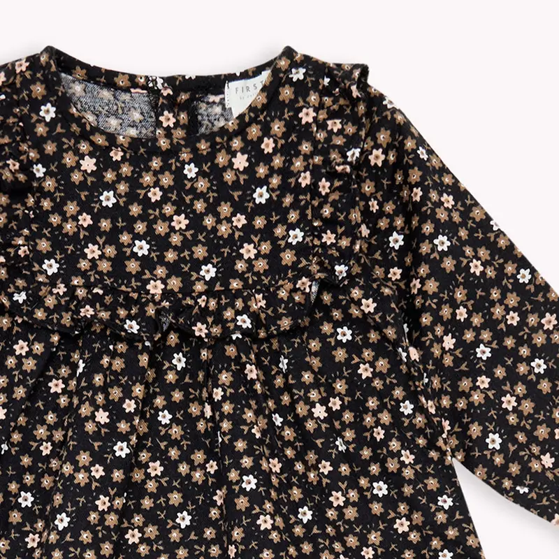 Petit Lem Floral Print on Black Flannel Dress Set