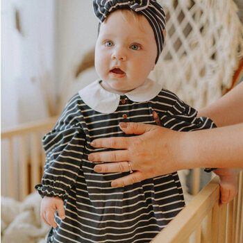 Souris Mini Navy striped bodysuit dress with a cClaudine collar in organic cotton
