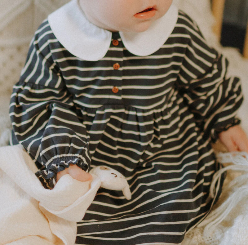 Souris Mini Navy striped bodysuit dress with a cClaudine collar in organic cotton