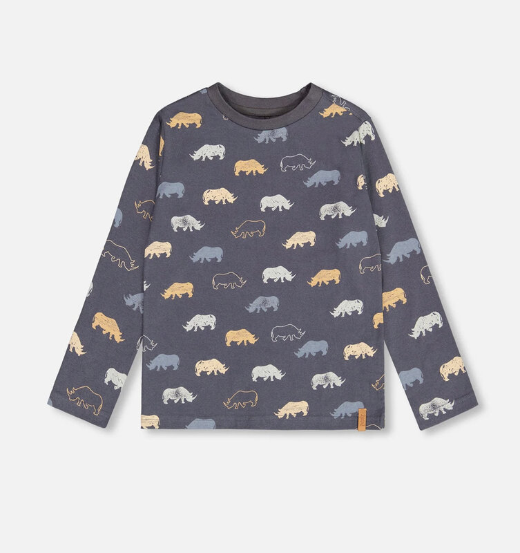 Deux Par Deux T-shirt en jersey gris ébène avec imprimé rhinocéros