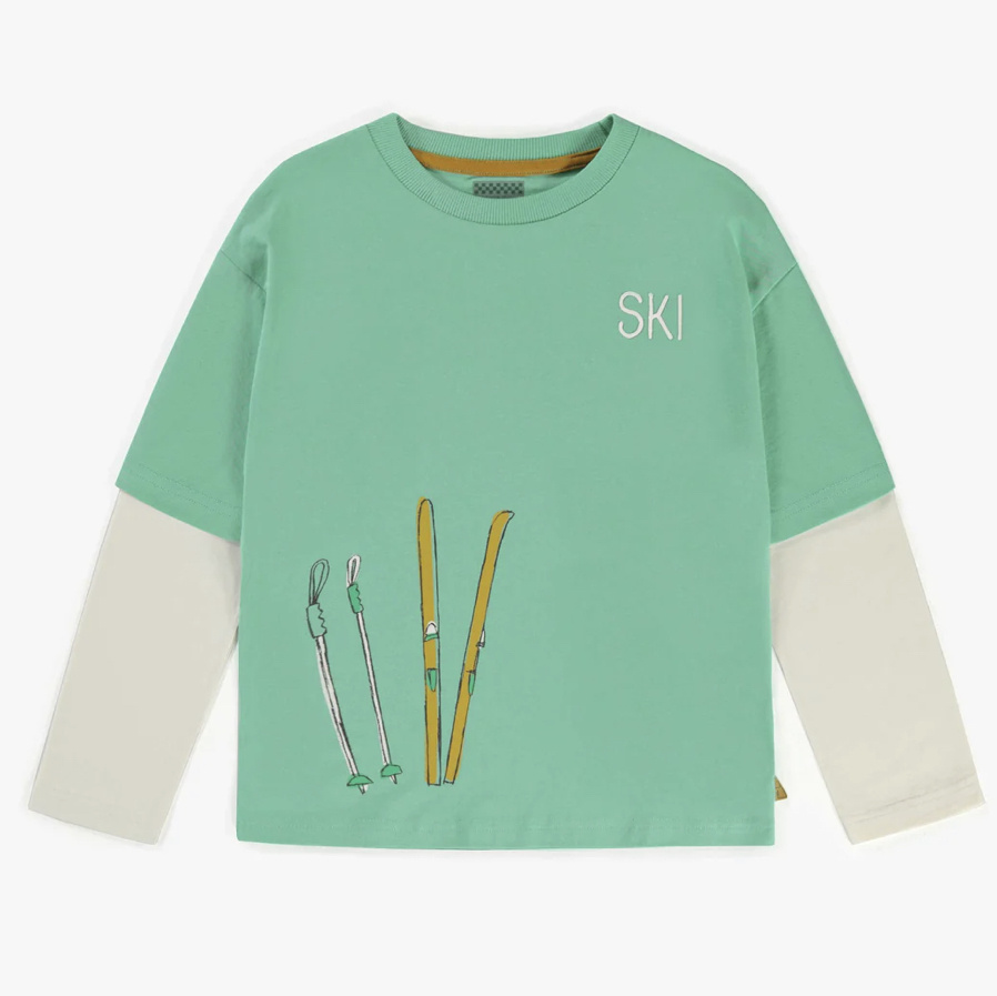T shirt vert manches longues avec illustration de ski en jersey