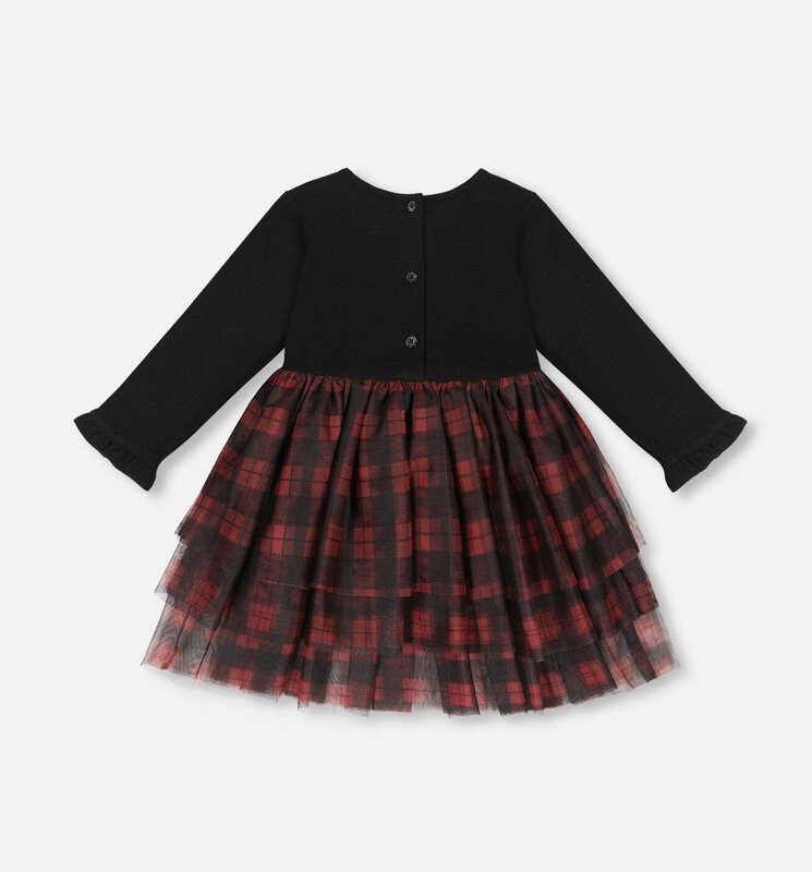 Deux Par Deux Black Long Sleeve Dress With Tulle Skirt Buffalo Plaid