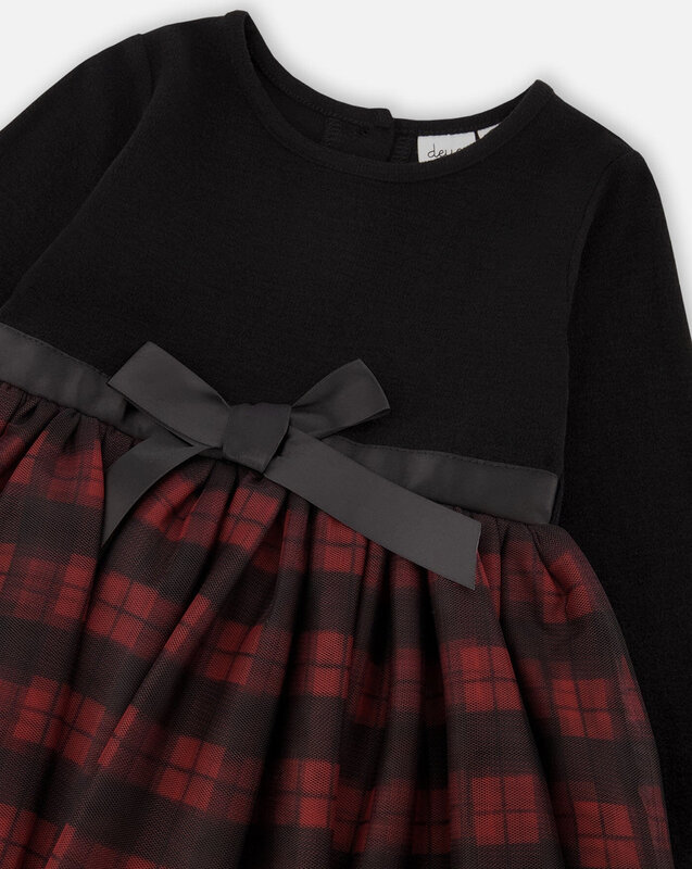 Deux Par Deux Black Long Sleeve Dress With Tulle Skirt Buffalo Plaid