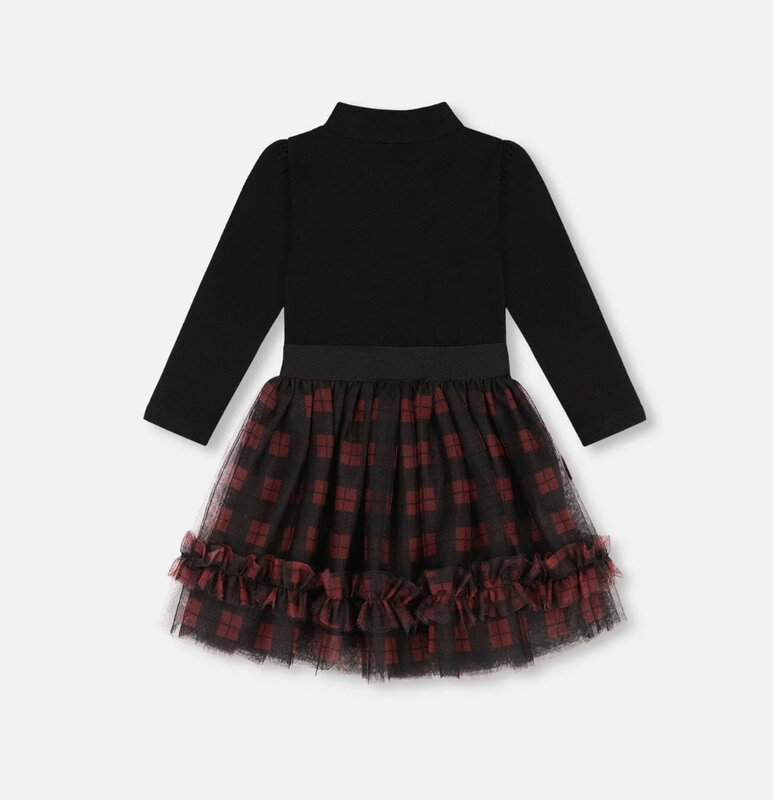 Deux Par Deux Black Mock Neck Dress With Tulle Skirt Buffalo Plaid