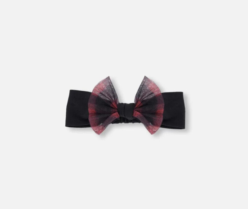 Deux Par Deux Headband With Tulle Bow Black Buffalo Plaid