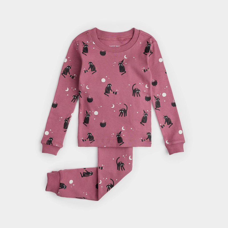 Petit Lem Ensemble pyjama à imprimés de chats noirs phosphorescent - Dusty pink