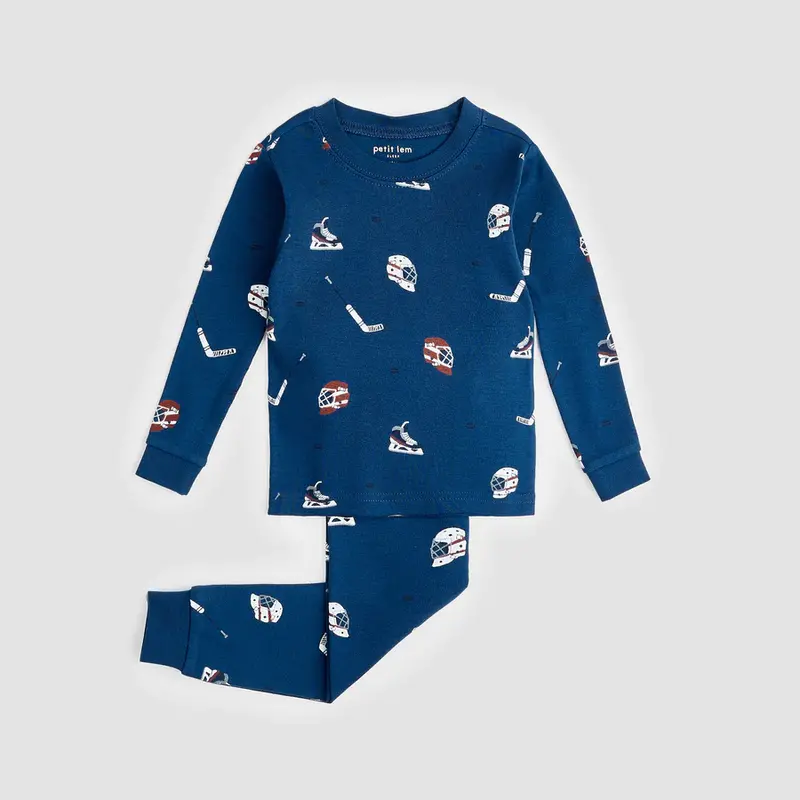 Petit Lem Ensemble pyjama bleu à imprimés d'équipement de hockey