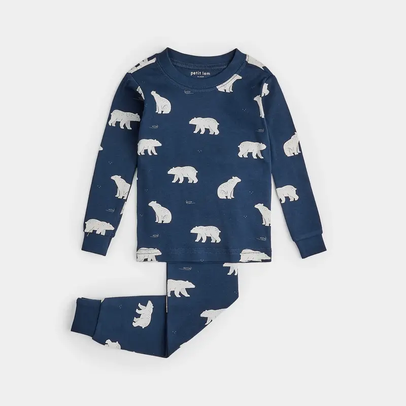 Petit Lem Polar Bear Print on Deep Blue PJ Set