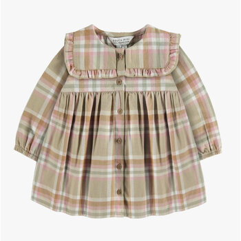 Souris Mini Beige and pink plaid dress in brushed twill (baby)