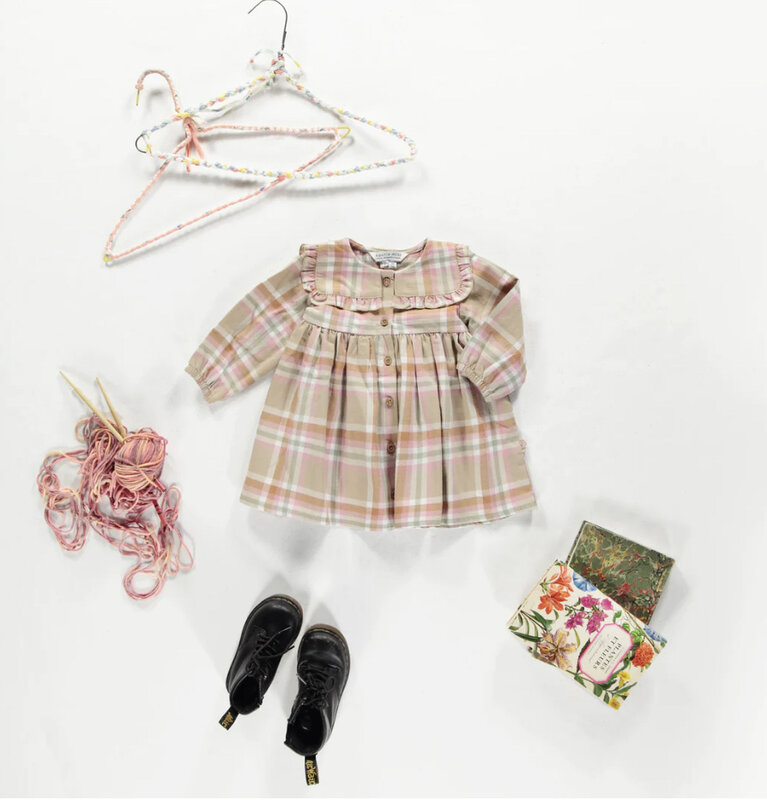 Souris Mini Beige and pink plaid dress in brushed twill (baby)