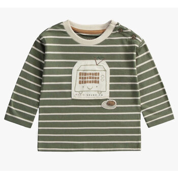 Souris Mini T-shirt vert et crème ligné à manches longues en jersey (bébé)