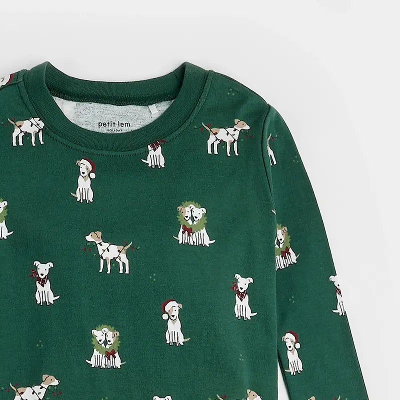 Petit Lem Ensemble pyjama vert sapin à imprimé «Chiens festifs»