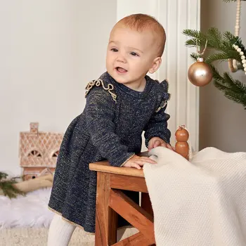 Petit Lem Golden Stars Pattern on Dress Blue Sweater Knit Dress Set