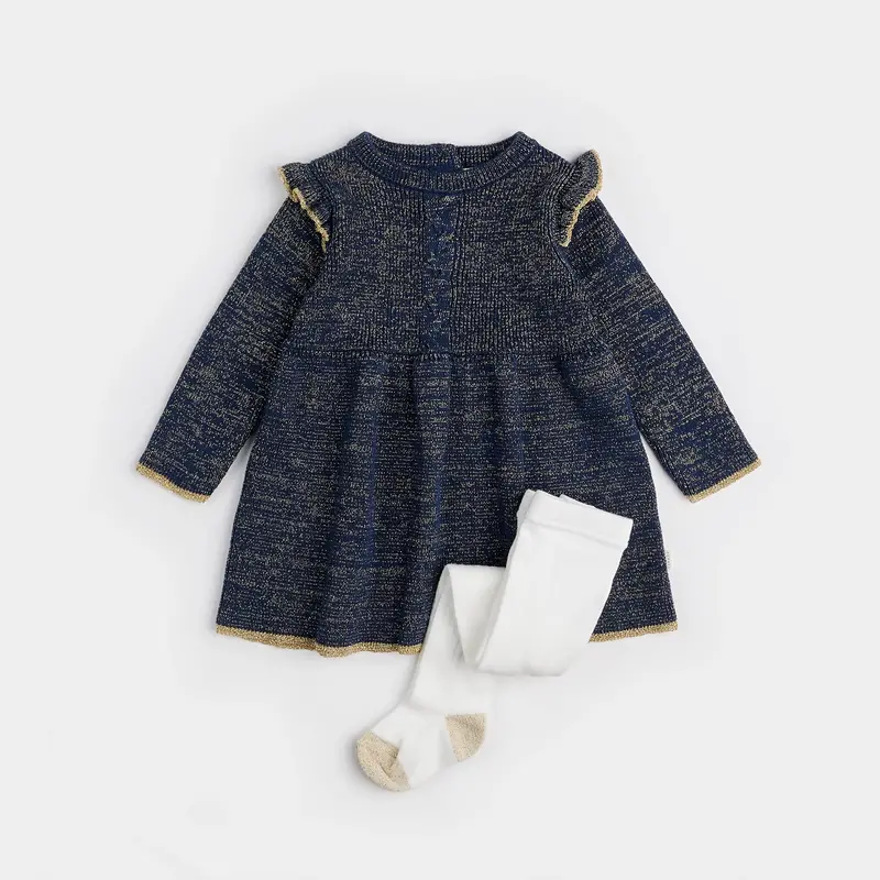 Petit Lem Golden Stars Pattern on Dress Blue Sweater Knit Dress Set