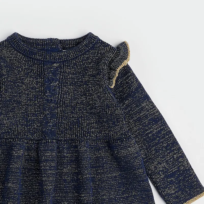 Petit Lem Golden Stars Pattern on Dress Blue Sweater Knit Dress Set