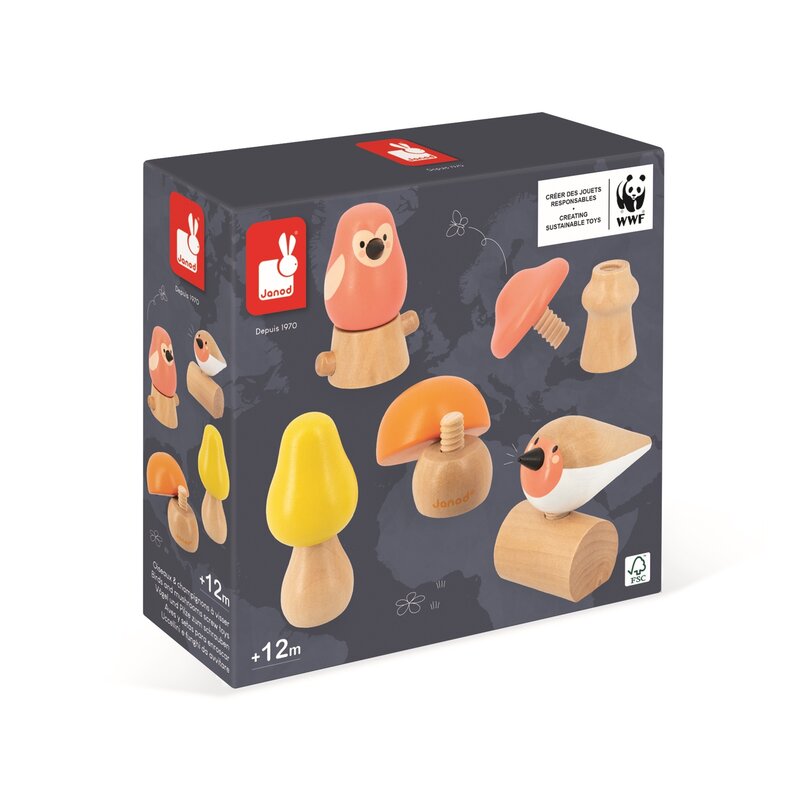 Janod Birds and mushrooms screw toys