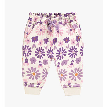 Souris Mini Pantalon crème fleurie mauve en coton francais