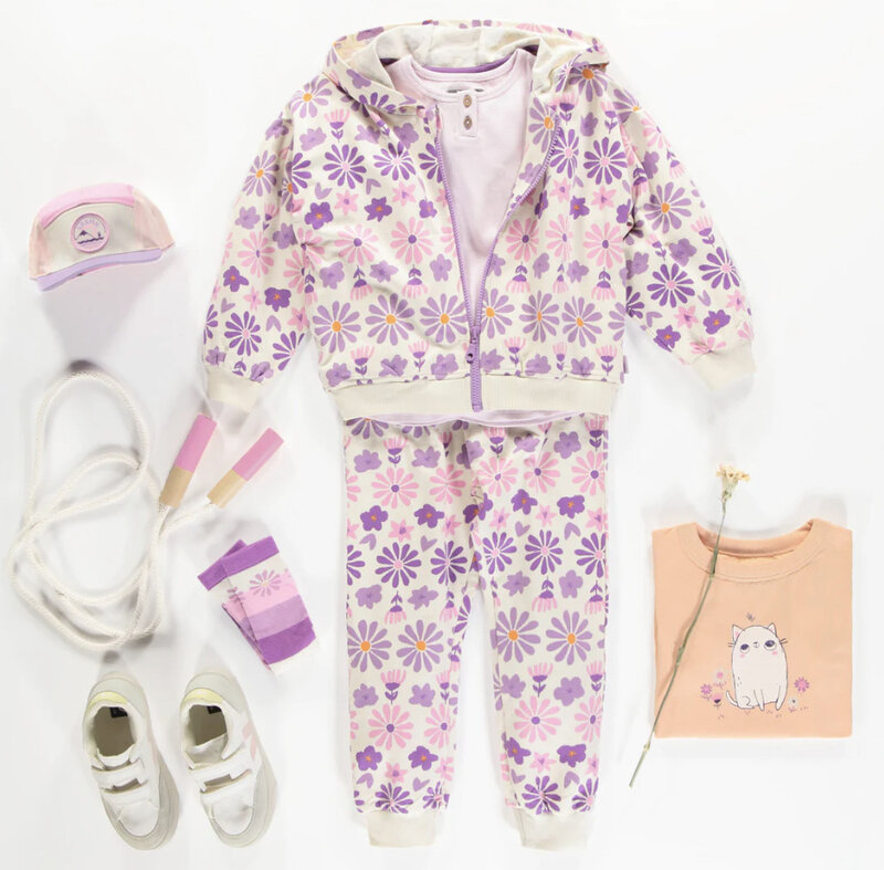 Souris Mini CREAM HOODIE WITH PURPLE FLORAL PRINT IN FRENCH TERRY
