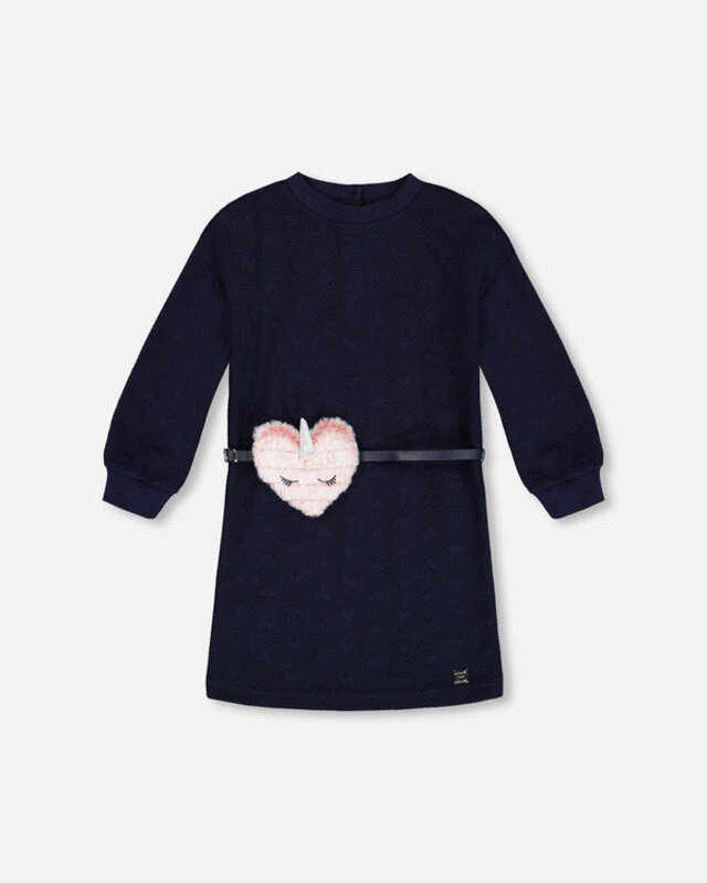 Deux Par Deux Quilted Heart Fleece Dress With Belt Navy (5-6 Y)