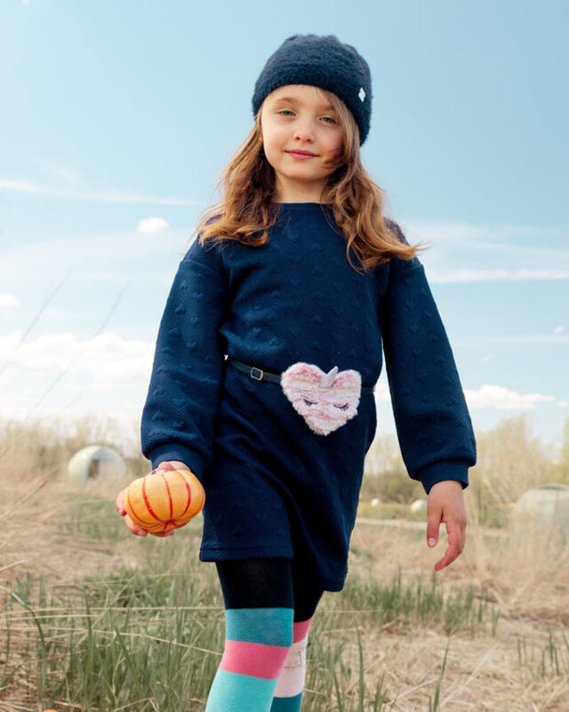 Deux Par Deux Quilted Heart Fleece Dress With Belt Navy (5-6 Y)