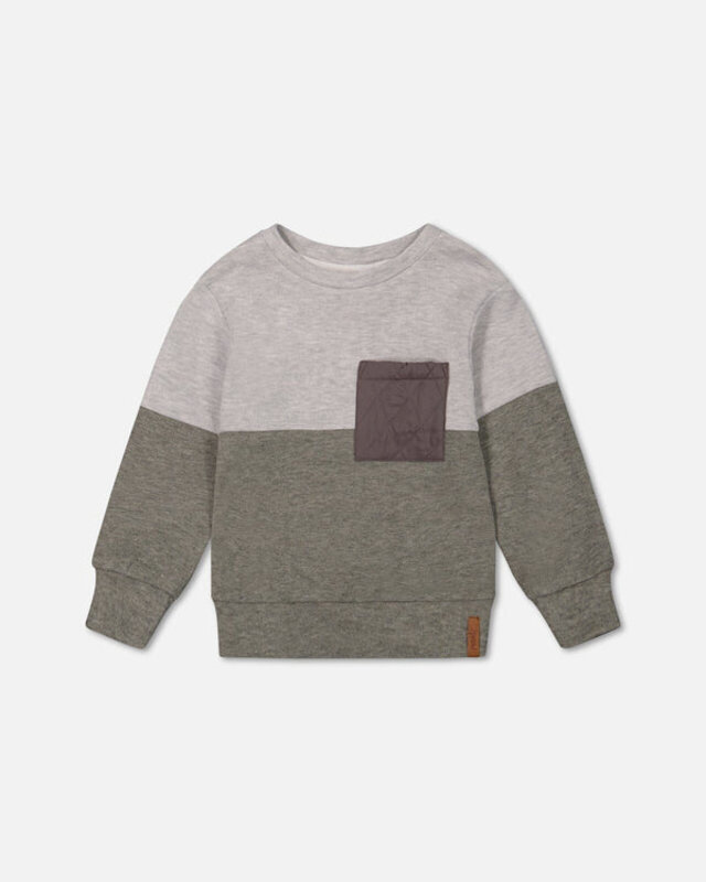 Deux Par Deux Super Soft Colorblock Top With Quilted Pocket Gray And Sage (5-6 Y)