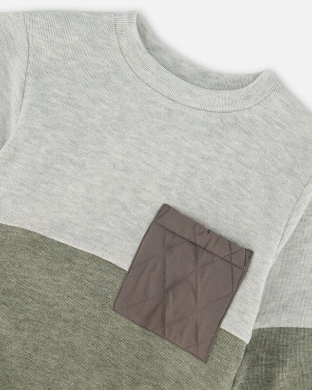 Deux Par Deux Super Soft Colorblock Top With Quilted Pocket Gray And Sage (5-6 Y)