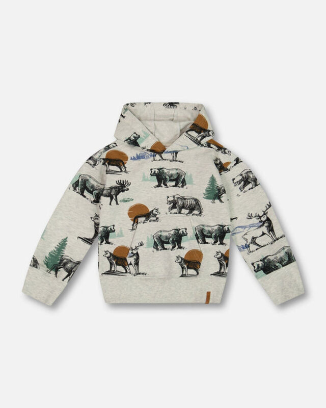 Deux Par Deux -Printed Forest Animals Fleece Hooded Sweatshirt Gray Mix ( 7-10 Y)