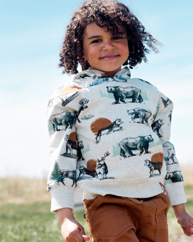 Deux Par Deux -Printed Forest Animals Fleece Hooded Sweatshirt Gray Mix ( 7-10 Y)