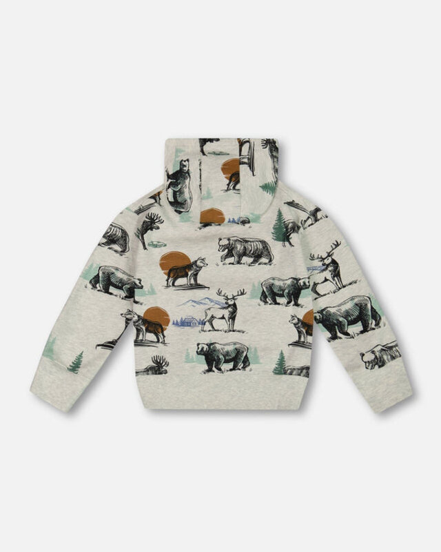 Deux Par Deux -Printed Forest Animals Fleece Hooded Sweatshirt Gray Mix ( 7-10 Y)