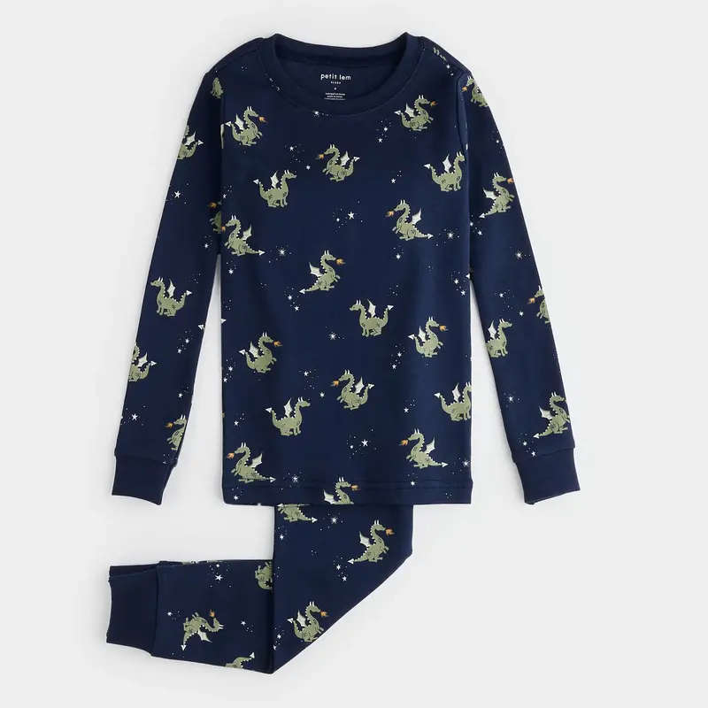 Petit Lem Fire-Breathing Dragon Print on Navy Blue PJ Set (8y/10y)