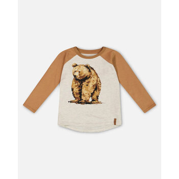 Deux Par Deux T-shirt à manches raglan brun et beige chiné avec imprimé (8/10ans)