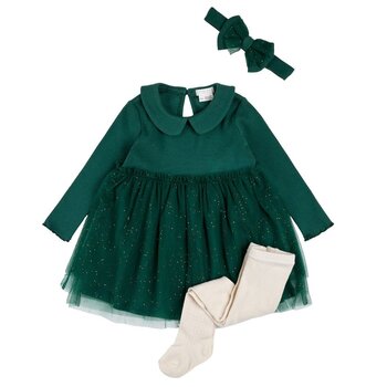Petit Lem Ensemble robe tull vert forêt avec collant crème et bandeau (6mois/24mois)