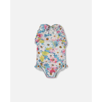 Deux Par Deux Printed One-Piece Swimsuit With Frills White, Pink, And Green Flowers (3-6m/18-24m)