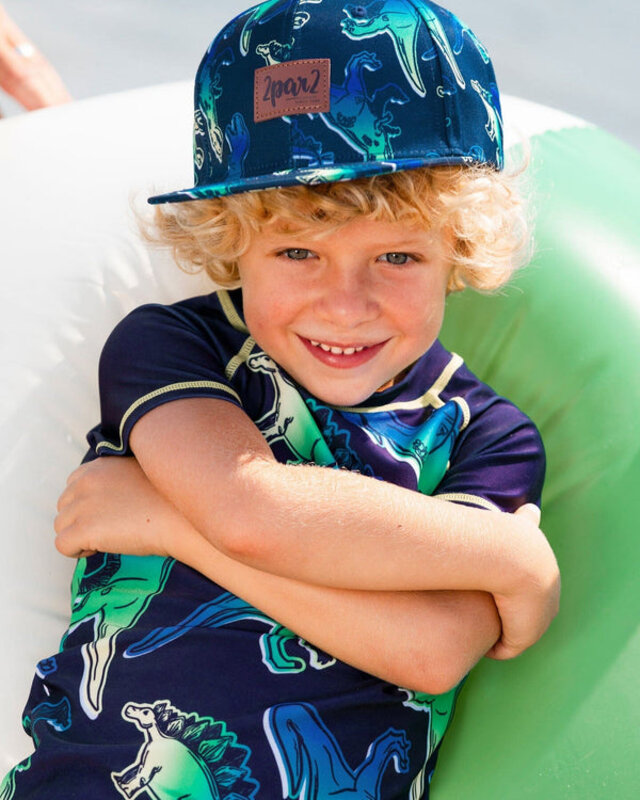 Deux Par Deux Casquette marine imprimée de dino bleu et vert (6-24mois/3-6ans)